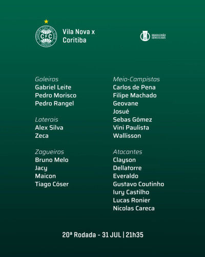Geovane volta a ser relacionado para o jogo contra o Vila Nova