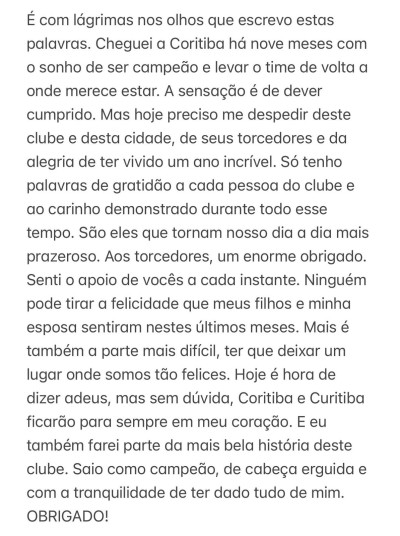 Carlos de Pena é mais um que não fica no Coritiba para 2026