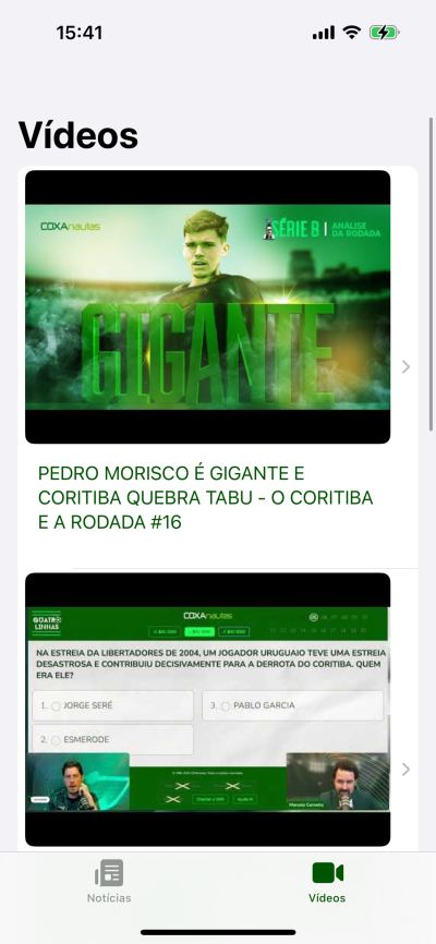 Seção de vídeos do Coritiba